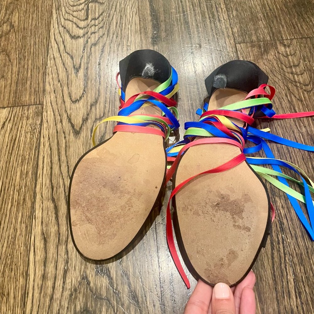 Hollywould Rainbow Ribbon Beaded Ankle Wrap Vintage Y2K Heels 8 Sandals Black - Picture 14 of 16